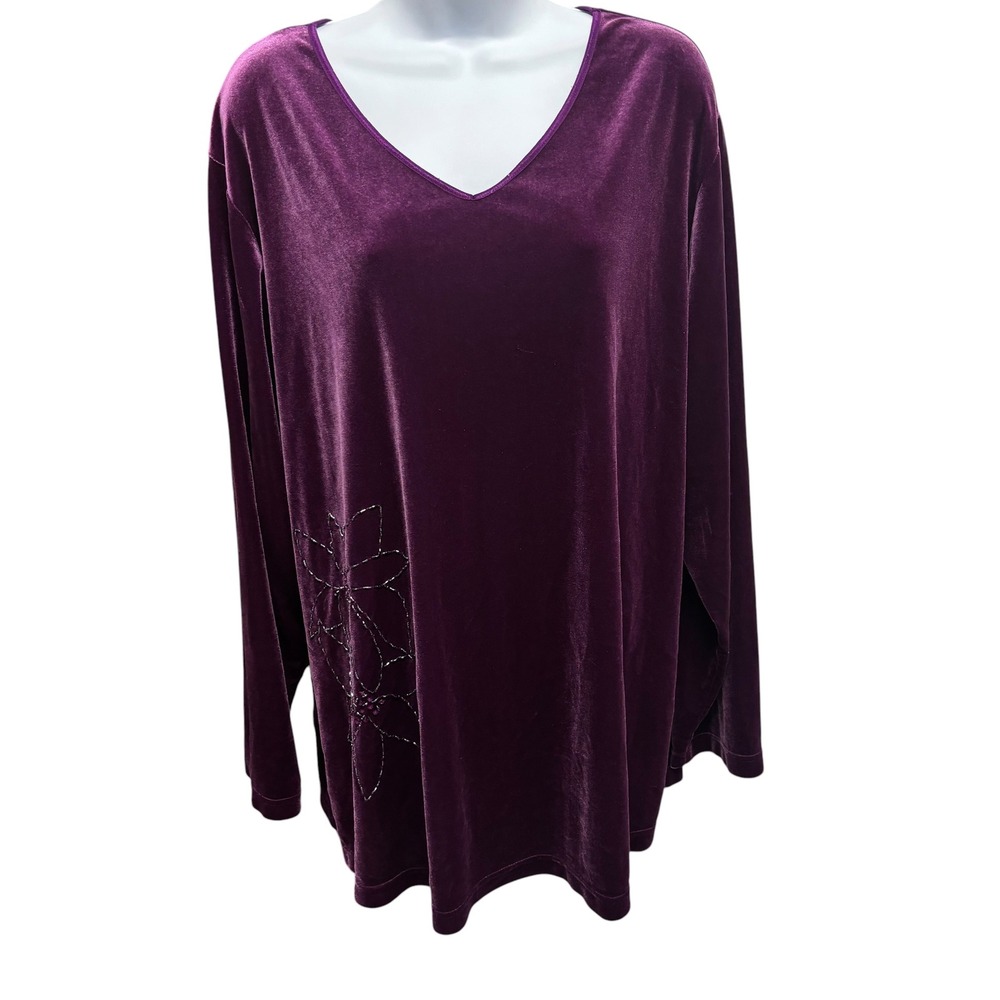 Jaclyn Smith Purple Velvet V-Neck Tunic Top Beaded Floral Long Sleeve Sz XXL